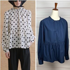 YUNE HO Cotton Navy Blue Peplum Top Relaxed Fit Blouse Drawstring Neck M